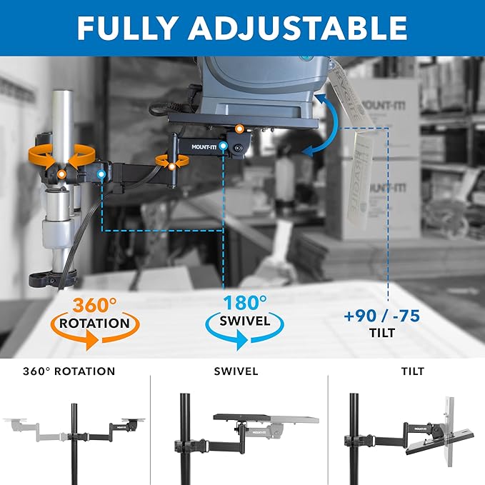 Mount-It! Printer Pole Mount for Thermal Label Printers, Full Motion Arm with Rotating Tray, Holds up to 11 lbs, Swivel, Rotate and Tilt, Clamp Connection Arm Mount for Label Makers