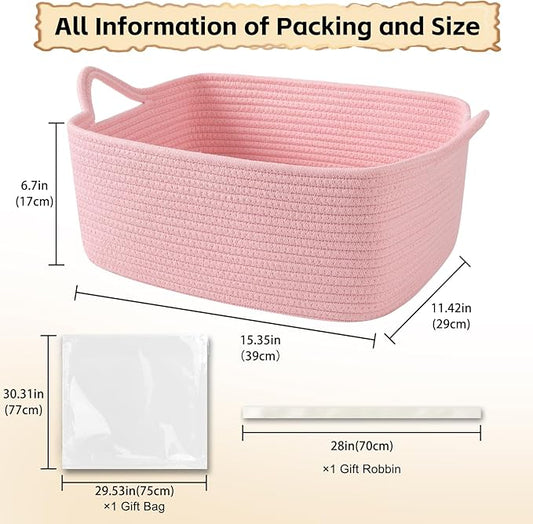 OIAHOMY 19L Woven Basket, Gift Basket Empty with Gift Bags and Ribbons, Rope Baskets for Baby Showers, Storage Baskets with Handles for Nursery, Pet Toy Organizer - Pink