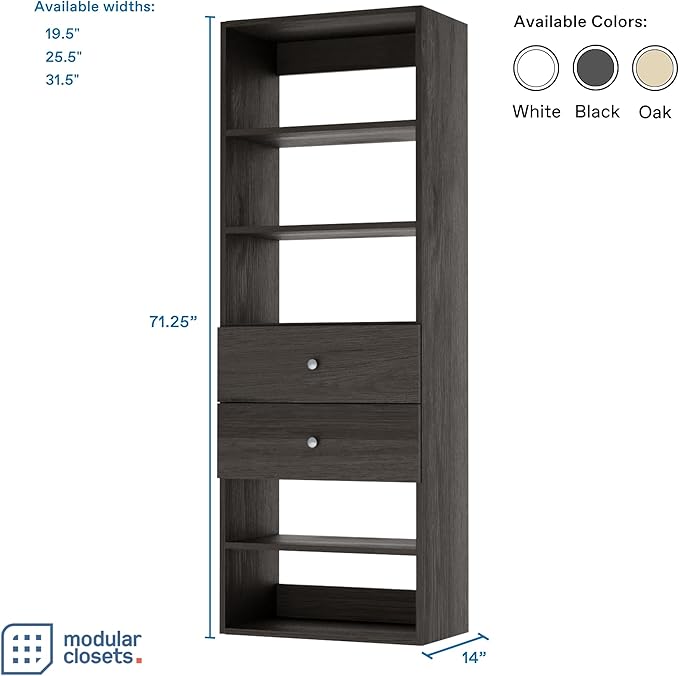 Closet Shelves Tower - Modular Closet System with Drawers (2) - Corner Closet System - Closet Organizers and Storage Shelves (Grey, 19.5 inches Wide) Closet Shelving