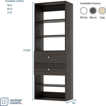 Closet Shelves Tower - Modular Closet System with Drawers (2) - Corner Closet System - Closet Organizers and Storage Shelves (Grey, 19.5 inches Wide) Closet Shelving