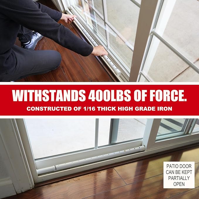 SECURITYMAN 3-in-1 Door Security Bar & Sliding Patio Door Security Bar (2 Pack) via Interchangeable Caps - Heavy Duty Iron Door Stoppers for Home, Apartment, Travel Hotel, Sliding Windows - White