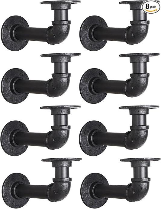 Industrial L Pipe Shelf Brackets for 8-16 in Depth Wood,Heavy-Duty 3/4" Iron,Wall Mount Floating Shelf Bracket L Metal Pipe Shelving Brackets for Wood-Black DIY Pipe Shelves(7.5*3.1 Inch 8 Pack)