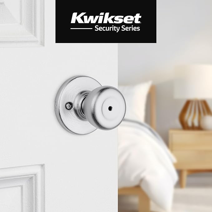 Kwikset Tylo Interior Privacy Door Knob, Satin Chrome Keyless Locking Door Handle for Bedroom and Bathroom, Classic Round Security Doorknob with Push Button Lock
