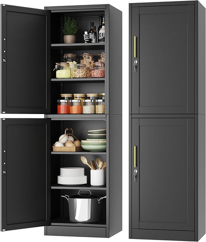 Metal Storage Cabinet with Lock 2 Doors and Shelves, Steel File Cabinets, Kitchen Pantry Cabinet Locker Organizer - 67" Tall Locker Storage Cabinets for Kitchen,Bathroom,Bedroom,Office(Black)