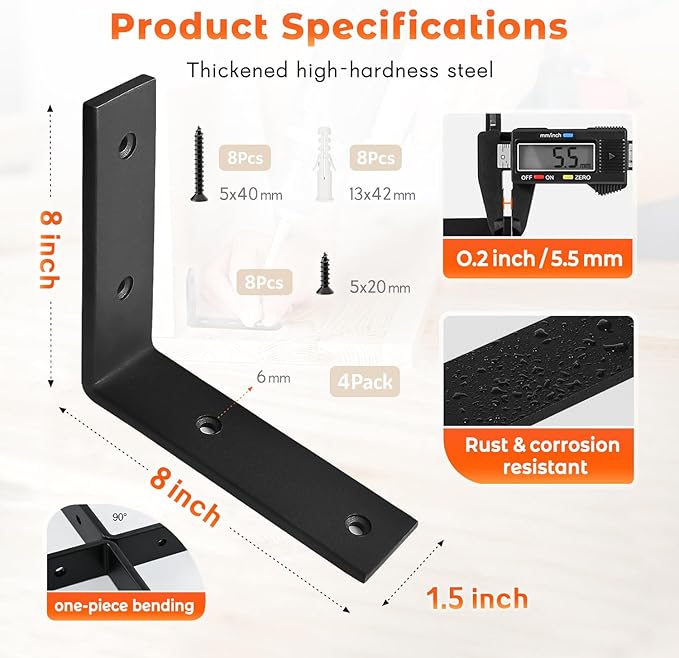 WINKER Shelf Bracket 8 Inch 8 Inchx8 Inchx1.5 Inch Heavy Duty Black Brackets for Shelves Corner L Bracket for Wall Shelves Metal Iron Shelf Brackets