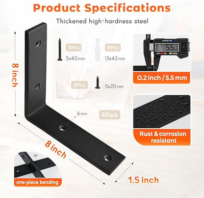 WINKER Shelf Bracket 8 Inch 8 Inchx8 Inchx1.5 Inch Heavy Duty Black Brackets for Shelves Corner L Bracket for Wall Shelves Metal Iron Shelf Brackets