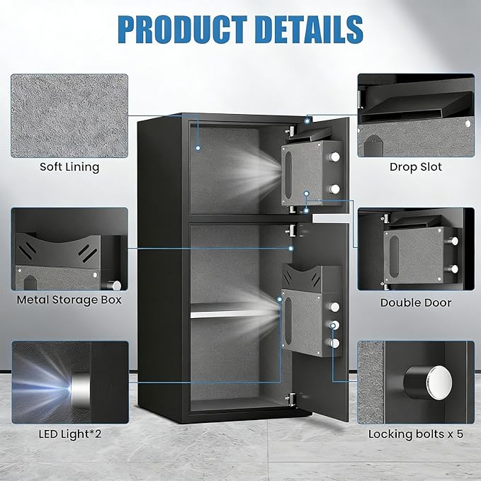 6.5 Cu ft Safe Box Fireproof Waterproof, Home Safe With Removable Shelves & LED Lights, Dual Alarm System + Digital Code Deposit Safe, Cash, Files Storage & Office Use