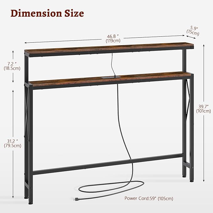 FAVOOSTY 5.9" Narrow Console Table with Led Light and Charging Station 46.8" Behind Couch Table Skinny Sofa Table with Power Outlets for Living Room, Hallway, EntryWay, Rustic Brown&Black