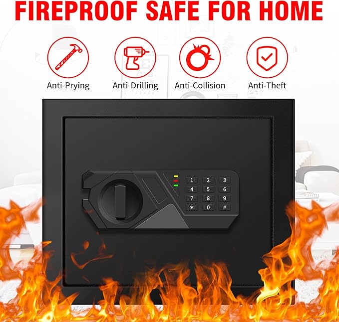 1.6 Cu ft Small Fireproof Safe Box, Digital Security Home Safes Water and Fireproof with Electronic Keypad Keys and Alarm System, Fire Safe for Home Money Medicine Valuables