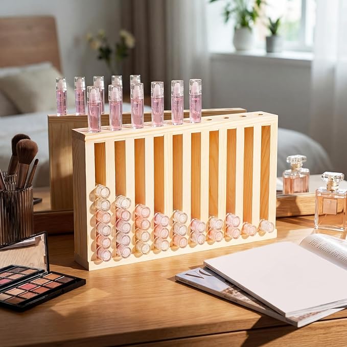1 Pcs Wooden Lipsticks Holder 0.7 inch Lip Balm Tube Holder Lip Gloss Organizer Display Wood Lipsticks Tube Tower Organizer for Market Craft Booth Room Display (10 Slot)