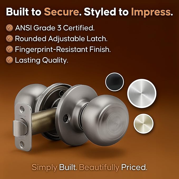 Copper Creek Colonial Passage Interior Door Knob – ANSI Grade-3 Certified, Modern Heavy Duty Handle, Easy Install and Reversible for Bedroom, Bathroom and Closets – Satin Stainless (1 Pack)