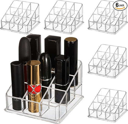 Foraineam 6 Pack Lipstick Holder Organizer, 9 Spaces Clear Lip Stick Storage Stand Container, Small Cosmetic Beauty Makeup Display Cases for Lipsticks, Lipgloss, Brushes, Bottles