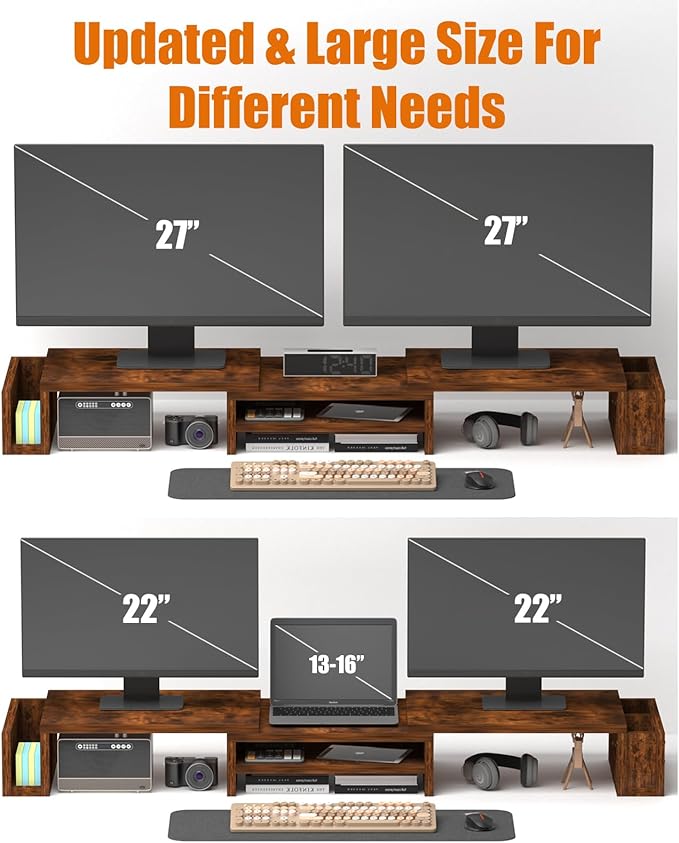 Wood Dual Monitor Stand Riser, Desk Organizers and Accessories with Storage Pen Holders, Adjustable Length and Angle 3 Shelf Extra Long 46" Desktop Organizer for 2 Monitors, Computer, Laptop, TV,Rustic Brown (Triple)