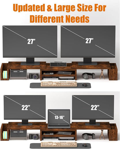 Wood Dual Monitor Stand Riser, Desk Organizers and Accessories with Storage Pen Holders, Adjustable Length and Angle 3 Shelf Extra Long 46" Desktop Organizer for 2 Monitors, Computer, Laptop, TV,Rustic Brown (Triple)