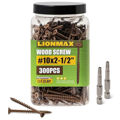 LIONMAX Wood Screws 2-1/2 Inch, Deck Screws #10 x 2-1/2", 300 PCS, Rust Resistant, Epoxy Coated, Exterior Wood Screw, Outdoor Decking Screws, Torx/Star Drive Head, T25 Star Bit Included, Brown