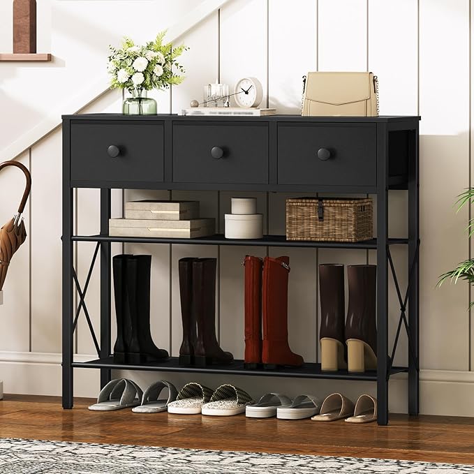 4-Tier Shoe Rack with 3 Drawers, Metal Shoe Organizer for 15 Pairs with Storage Shelves and Wooden Top, for Entryway, Hallway, Foyer, Closet, Black SS34BB