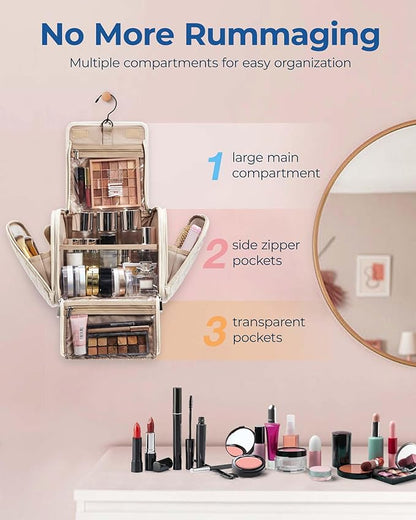 BAGSMART Toiletry Bag Travel Makeup Bag with Hanging Hook, Cosmetic Bag Make Organizer Case, Large Capacity Water-resistant Organizer for Toiletries Accessories Brushes Sponge, Beige