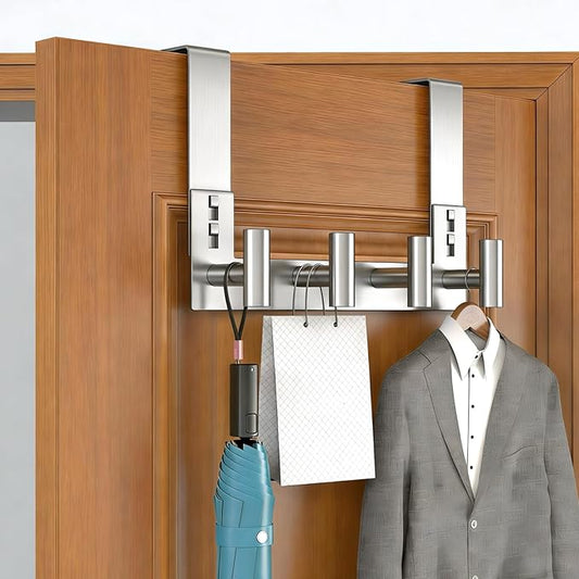 PMMASTO Over The Door Hooks, Fits 1-3/4" Thick Door No Drill Hooks for Closet Bathroom Bedroom Organization, Hanger for Coat Towel Robe (Silver, 4 T-Hooks)