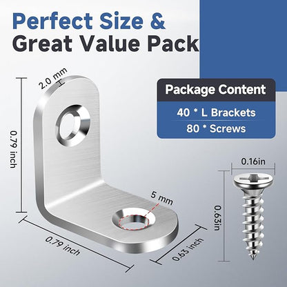 40PCS L Bracket Corner Brace Sets, Stainless Steel L Brackets for Wood Shelves, 90 Degree Right Angle Bracket with 80 Screws, Metal Corner Brackets for Furniture Cabinet Drawer Chair (0.79 x 0.79 in)