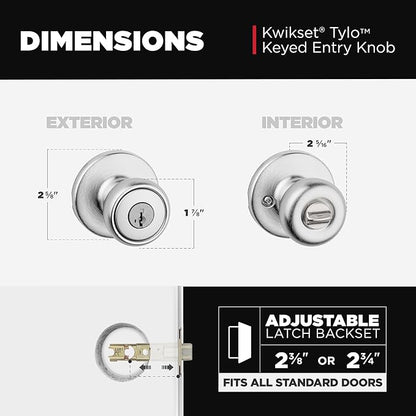 Kwikset Tylo Entry Door Knob with Lock and Key, Secure Keyed Handle Exterior Doorknob, Front Entrance and Bedroom, Satin Chrome, Pick Resistant SmartKey Rekey Security