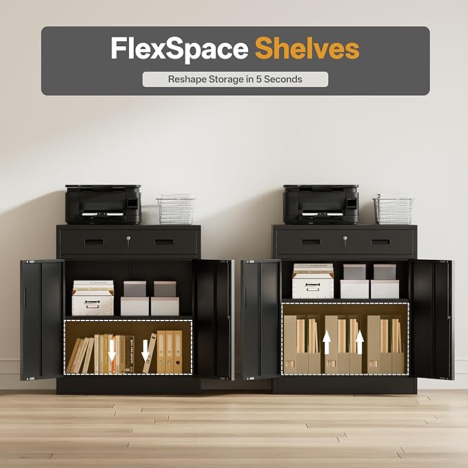 Metal Storage Cabinet 36" H, Garage Storage Cabinet with 2 Lockable Doors and 1 Drawer, Steel File Cabinets with Adjustable Shelves for Home Office, Garage, School, Apartment, Warehouse