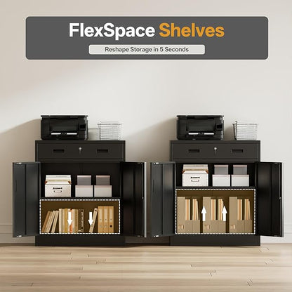 Metal Storage Cabinet 36" H, Garage Storage Cabinet with 2 Lockable Doors and 1 Drawer, Steel File Cabinets with Adjustable Shelves for Home Office, Garage, School, Apartment, Warehouse