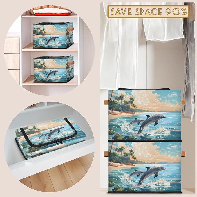 Ocean Beach Dolphin Storage Bins with Zipper Lid, Collapsible Fabric Storage Basket with Leather Handles Closet Shelf Cloth Organizer Basket for Nursery Bedroom Clothes Toy