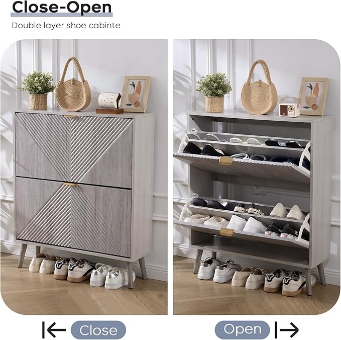 Shoe Cabinet with 2 Flip Drawers, Freestanding Shoe Organizer with 4 Wooden feet, Modern Shoes Storage Cabinet for Entryway, Hidden Narrow Shoe Rack Cabinet for Foyer, Hallway, Mudroom, Grey