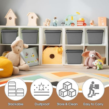 6 Pcs Pack Cute Plastic Storage Bins with Lids Decorative Stackable Storage Boxes 9.8" ×7.3" ×5.7" Small Storing Totes for Organizing Craft Office Supplies (Grey)