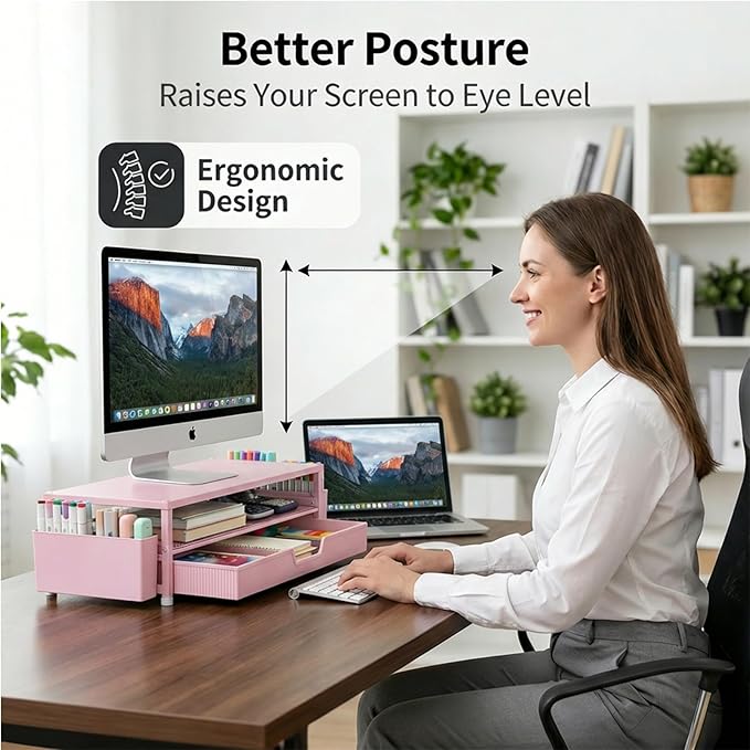 Desk Organizer and Accessories, 2-Tier Computer Monitor Stand Rise with Storage Drawer & 2 Pen Holders, Laptop & Printer Stand for Desktop, Workspace Organizers for Office Supplies (Pink)