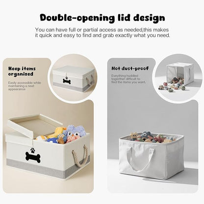 Dog Toy Basket with Double-Open Lid, Divided Dogs Basket for Toys, Collapsible Pet Toys Box, Dog Storage Organizer with 2 Divided Area, Puppy Toy Baskets with Rope Handles, Beige & Gray