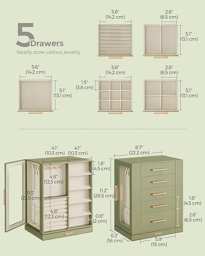 SONGMICS Jewelry Box 360° Rotating, Jewelry Storage Case with 5 Drawers, Jewelry Organizer, Glass Window, Spacious, Vertical Jewelry Storage, Open Design, Great Gift, Laurel Green UJBC170C02