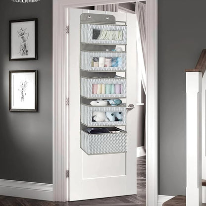 Over The Door Hanging Organizer with 5 Large Pockets - Wall Mount Pantry Storage with Clear PVC Window & 2 Big Metal Hooks for Closet,Bathroom,Nursery,Bedroom,Dorm,Baby Diapers,Kids Toys (Gray)