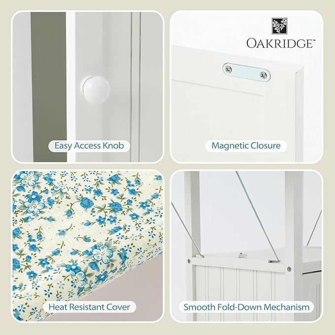 OakRidge Deluxe Ironing Board with Storage Cabinet, Perfect for Small Spaces with Extra Storage, Folding Station, Crafted with 100% Durable Wood, White Design – Measures 36.5" H x 15.5" W x 23" L