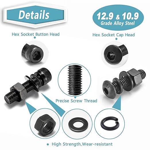 Kadrick Metric Screws Assortment,1400 Pcs M4 Screws Nuts Washers Assortment M4x6MM-40MM, Hex Socket Button & Cap Head M4 Machine Bolts Kit, 12.9 & 10.9 Grade Black Alloy Steel for 3D Printing