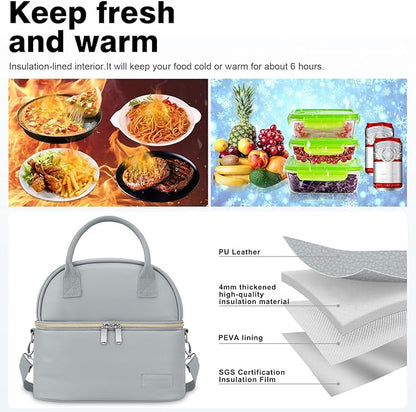 BALORAY Lunch Bag for Women Men, Double Deck Lunch Box for Adults Teens, PU Leather Lunch Tote Bag Insulated Lunch Bags with Strap for Work Office School