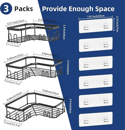 Menbyci 3 Pack Corner Shower Caddy, Adhesive Bathroom Shelves with 18 Hooks, Drill-Free & Quick-Dry Shower Organizer with Large Capacity, Rustproof Stainless Steel Bathroom Corner Storage Rack, Black
