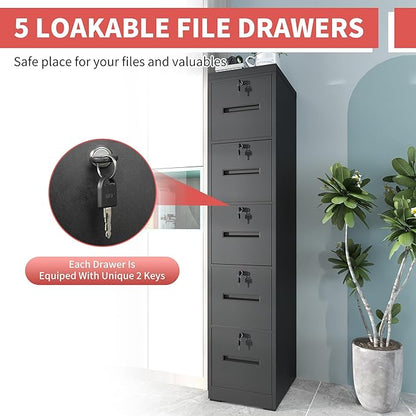 5 Drawer Metal File Cabinet with 5 Unique Locks Black Heavy Duty Locking File Cabinets Home Office Steel Filing Cabinet Vertical File Cabinets for Legal/Letter Size File,Assembly Required