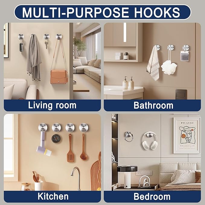 Silver Suction Cup Hooks for Shower Waterproof - No Drill Stainless Steel Towel Hooks for Bathroom Wall, Kitchen, Glass, Mirror, Tile - Ideal for Hanging Towels, Robes, and Loofahs(4 pcs)
