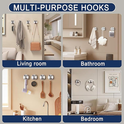 Silver Suction Cup Hooks for Shower Waterproof - No Drill Stainless Steel Towel Hooks for Bathroom Wall, Kitchen, Glass, Mirror, Tile - Ideal for Hanging Towels, Robes, and Loofahs(4 pcs)