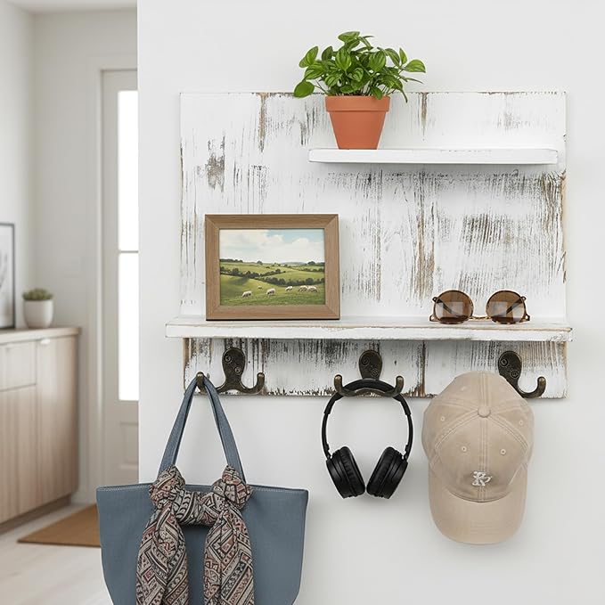 MyGift 2 Tier Wall Mounted Shabby White Washed Solid Wood Bathroom Storage Shelves, Decorative Entryway Floating Shelf Rack with 6 Hooks for Hanging Towels