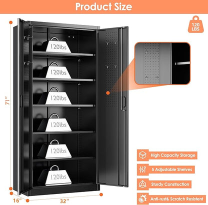 Lockable Garage Storage Cabinet with 5 Adjustable Shelves, 71" H Black Metal Storage Cabinet with 2 Pegboard Doos for Garage, Home, Assembly Required, Black