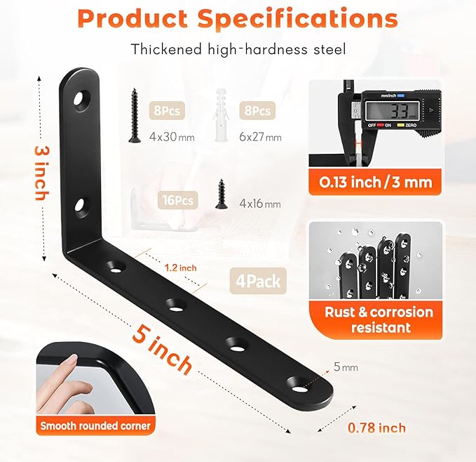 Corner Brace 4 Pcs Shelf Bracket Heavy Duty Black Steel L Corner Brace, Decorative Joint Angle Bracket for Shelf 5 InchX3 Inch Shelves Wall Hanging Bracket with Screws (125X75mm(5 InchX3 Inch)(4PCS)