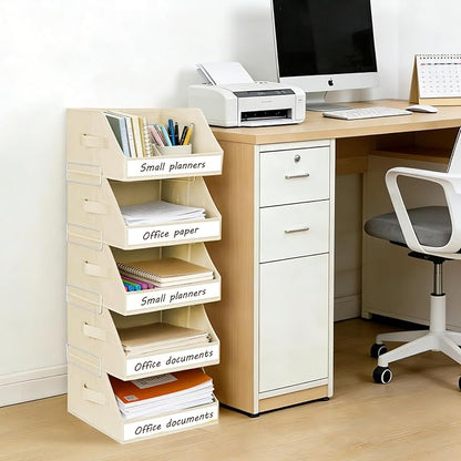 Closet Organizers and Storage - 5 Tier Shelf Organizer with Weekly Labels, Stackable Storage Bins with Metal Frame, Foldable Cube Bins, Home Baskets for Kids and Adults, Beige