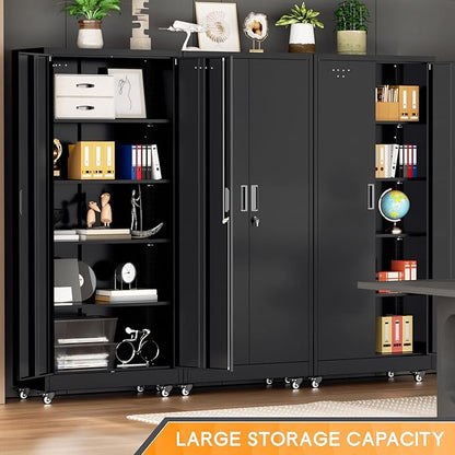 Bonusall 73" Metal Garage Storage Cabinet,Heavy-Duty Rolling Storage Cabinet with Wheels,Assembly Required,Locking Steel Cabinets for Home Office,Warehouse or Workshop-Black