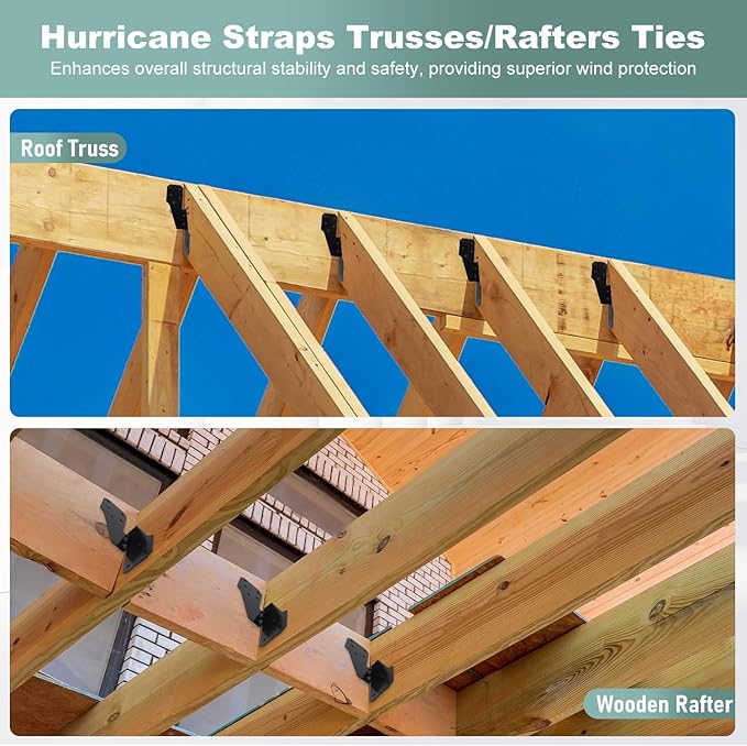 100 Pack Heavy Duty Hurricane Ties with Black Powder-Coated, Hurricane Straps Trusses/Rafters Ties Brackets Joist Hangers for Wood, Shed, Roof
