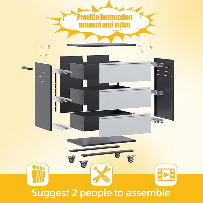 Aobabo Metal Storage Cabinet with Wheels, Garage Storage Cabinets with 3 Drawers and 4 Hooks for Garage, Warehouse, Home, Assembly Required, Black Silver