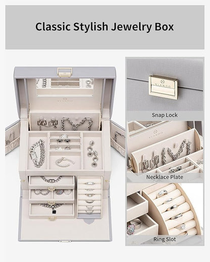 Vlando Jewelry Box Organizer for Girls Women, Large Baroque Jewelry Holder Organizer with Mirror, 3 Drawers for Bracelets, Earrings, Rings, Necklaces, Mothers Day Gifts for Loved One, Grey