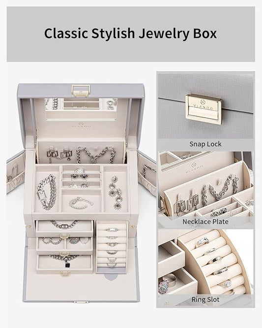 Vlando Jewelry Box Organizer for Girls Women, Large Baroque Jewelry Holder Organizer with Mirror, 3 Drawers for Bracelets, Earrings, Rings, Necklaces, Mothers Day Gifts for Loved One, Grey