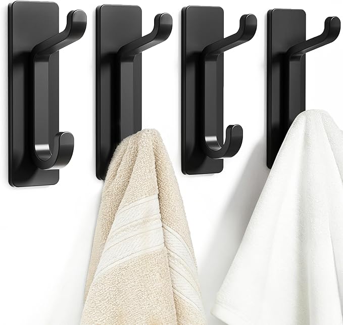 Self Adhesive Wall Hooks for Hanging: Extra Strong 13 LB, Hook for Coat, Towel in Bathrooms, Shower, Kitchen, Wall, Door Hook, Black 4 Pack